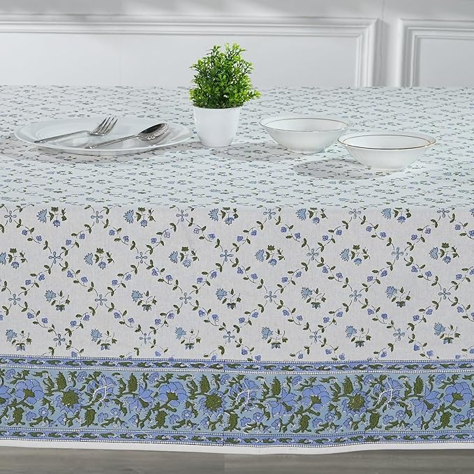 Ridhi Powder Blue Hand Block Print Cotton Rectangle Tablecloth 140" x 72" inches Reusable Table Cover Decorative Everyday Use for Dining, Farmhouse, Home, Party, Festive, Wedding, Fall
