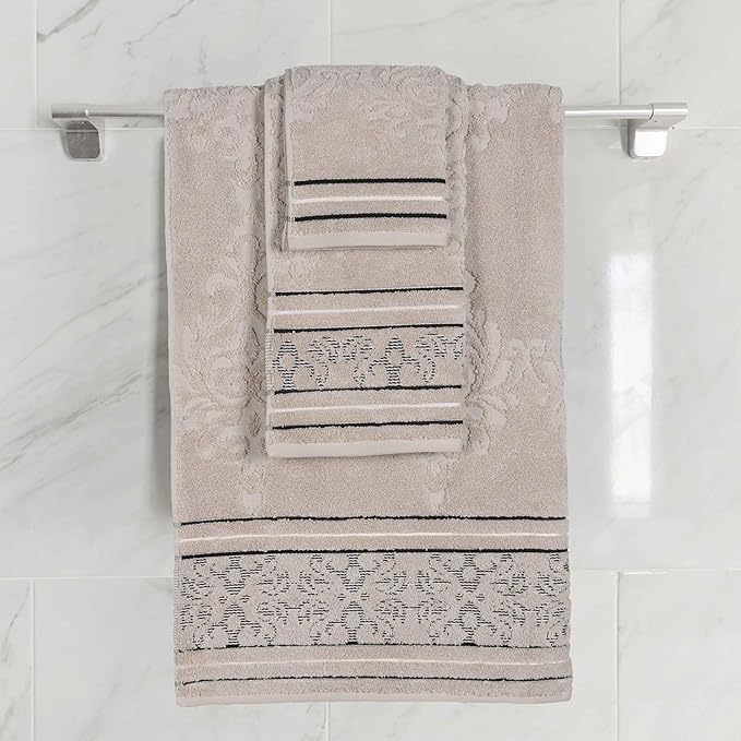 Superior Cotton 3 Piece Towel Set, Includes 1 Bath, 1 Hand, 1 Washcloth/Face Towel, Quick Dry, Home Essentials, Shower, Spa, Luxury Plush Soft Absorbent Towels, Zero Twist, Jacquard Floral, Stone