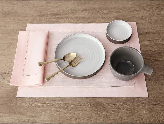 Solino Home Linen Placemats Set of 4 - Classic Hemstitch Pink Placemats 14 x 19 Inch - 100% Pure Linen Table Mats for Valentines