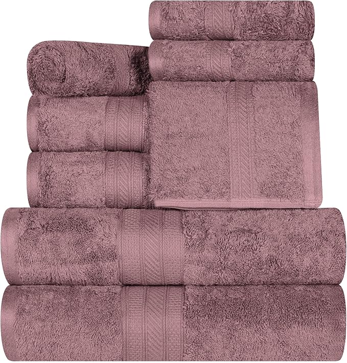 Superior Long Staple 100% Combed Cotton 700GSM 8-Piece Solid Towel Set for Bathroom, Shower-Super Soft, Plush, Assorted 8-Piece Towels, 4 Face/Washcloths, 2 Hand Towels, 2 Bath Towels, Grape Shake
