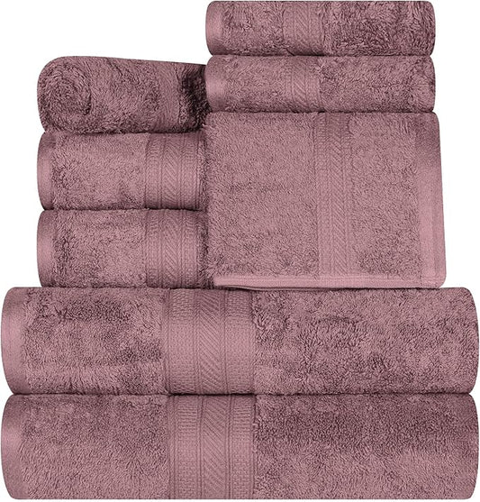 Superior Long Staple 100% Combed Cotton 700GSM 8-Piece Solid Towel Set for Bathroom, Shower-Super Soft, Plush, Assorted 8-Piece Towels, 4 Face/Washcloths, 2 Hand Towels, 2 Bath Towels, Grape Shake