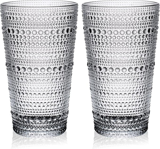16oz Hobnail Highball Glasses[Set of 4] - Tall Water Glass Cup Glassware Set Fits New Home of Newlyweds, Dishwasher Safe, Stackable Design
