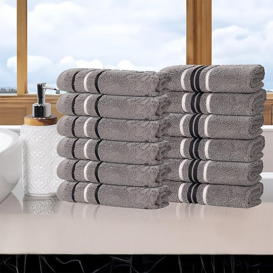 Superior Cotton Face Towel/Washcloth Set, Small Facial Towels, Spa, Hotel, Guest, Home, Bathroom Basics, Plush Soft Absorbent, Luxury Quick Drying, Zero Twist, Assorted Design, Set of 12, Charcoal