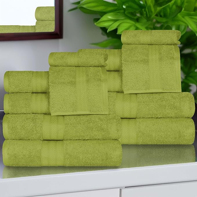 Superior Atlas Cotton 12 Piece Towel Set, Luxury Towels, Heavyweight, Bathroom Essentials, Basics, Spa, Hotel, Resort, Plush, Highly Absorbent, 4 Bath, 4 Hand, 4 Face Towels, 12PC Set, Green Essence