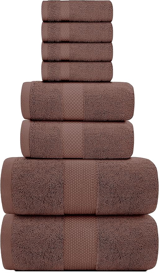 White Classic Luxury Bath Towel Set of 8 Pieces - 100% Turkish Cotton Highly Absorbent Towels for Bathroom, 2 Luxury Bath Towels 700GSM, 2 Hand Towels, 4 Washcloths, Brown