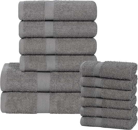 Superior 12-Piece Cotton Assorted Towel Set, Includes 6 Face/Washcloths, 4 Hand, and 2 Bath Towels, Lightweight Essentials, for Home, Gym, Beach, Bathroom, Quick Drying, Franklin Collection, Charcoal