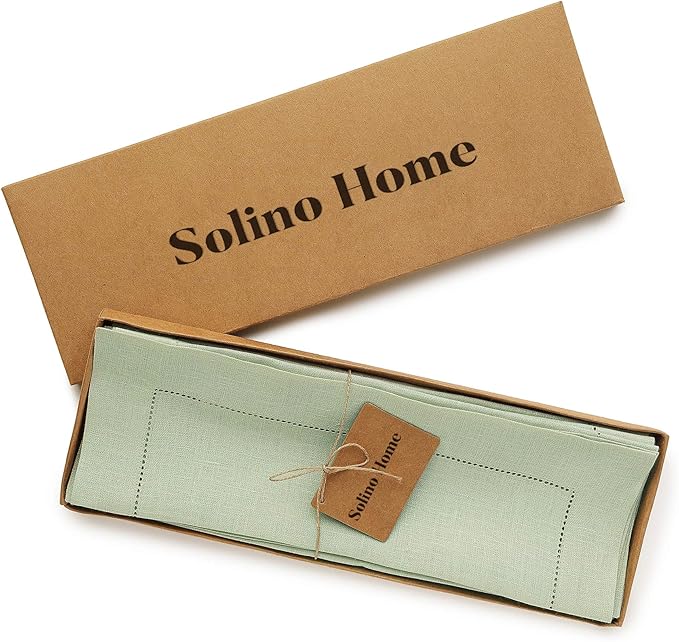 Solino Home Linen Placemats Set of 4 - Classic Hemstitch Sage Green Placemats 14 x 19 Inch - 100% Pure Linen Table Mats for Winter, New Year