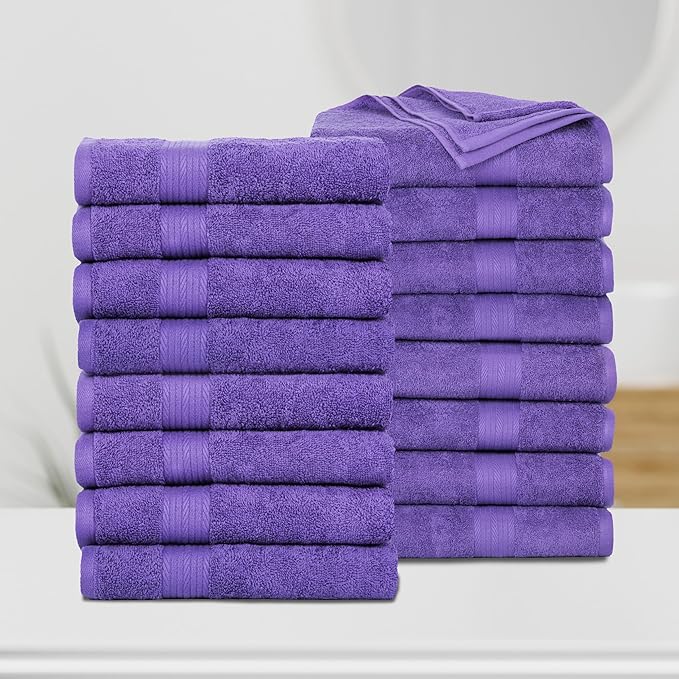 Ample Decor Bath Towels Pack of 16 600 GSM 100% Cotton, Absorbent Soft Premium Quality Machine Washable, Oeko Tex Certified, for Bathroom, Hotel, Spa, Gym, Kitchen - Purple - 30 X 54 Inch