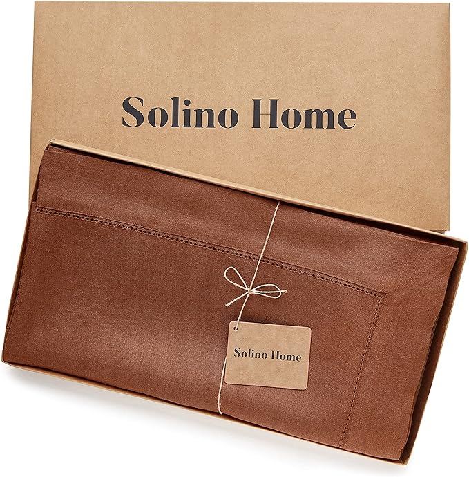 Solino Home Linen Cinnamon Tablecloth 60 x 144 Inch - Classic Hemstitch, 100% Pure Linen Rectangular Tablecloth - Machine Washable Table Cloth