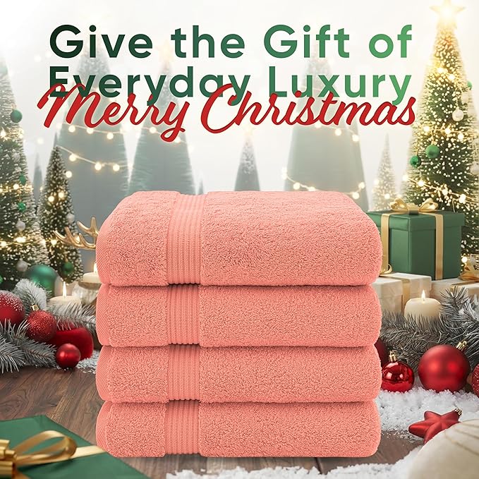 American Veteran Towel, 100% Cotton Turkish Bath Towels for Bathroom 4 Pack, 27x54 Extra Large Premium Soft Drying Bathroom Towels, Coral