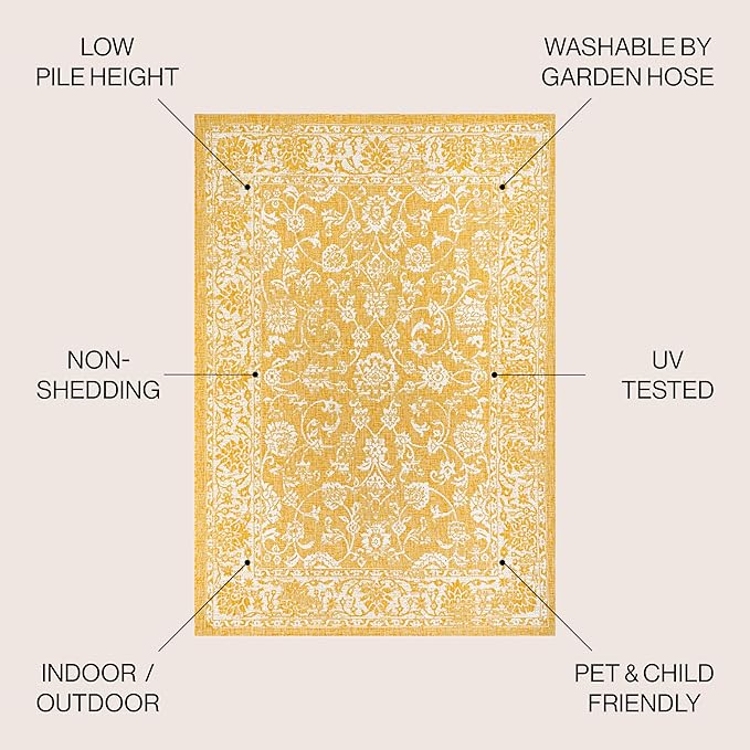 JONATHAN Y Weave Floral Indoor Outdoor Round Area Rug 5 Ft Yellow/Cream, Tela Bohemian Textured for Backyard, Patio, Porch, Easy-Cleaning, High Traffic, Pet-Friendly, Non-Shedding (SMB100E-5R)