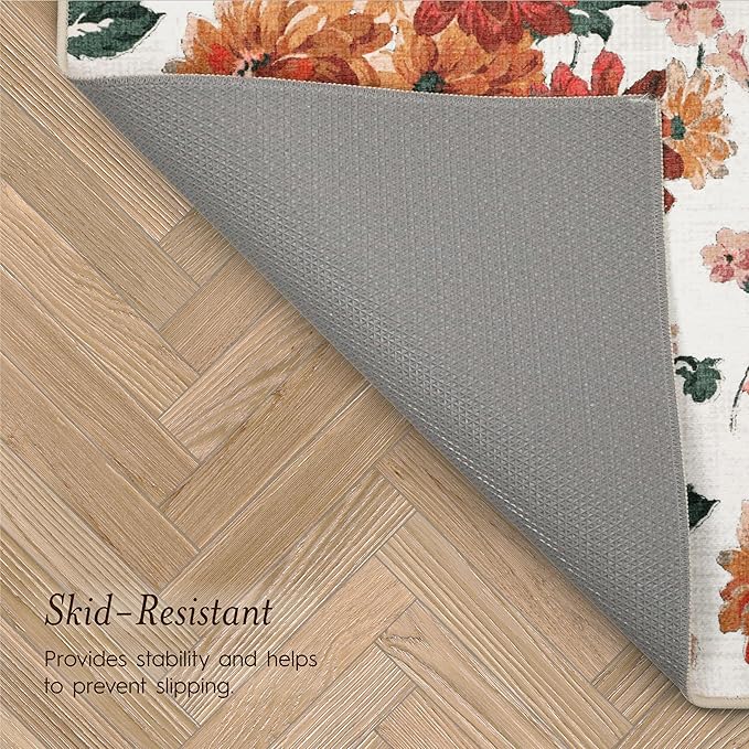 Laura Ashley Beige Dahlias Floral Machine Washable & Slip Resistant 26" x 72" Runner Rug