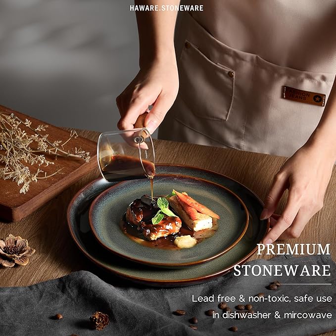 HaWare Plates and Bowls Set, Stoneware Dinnerware Sets, 24-Piece Hand-painted Dishware for 6, Ceramic Dinner Set for Home Kitchen, Scratch Resistant, Microwave and Dishwasher Safe, Reactive Moss Green