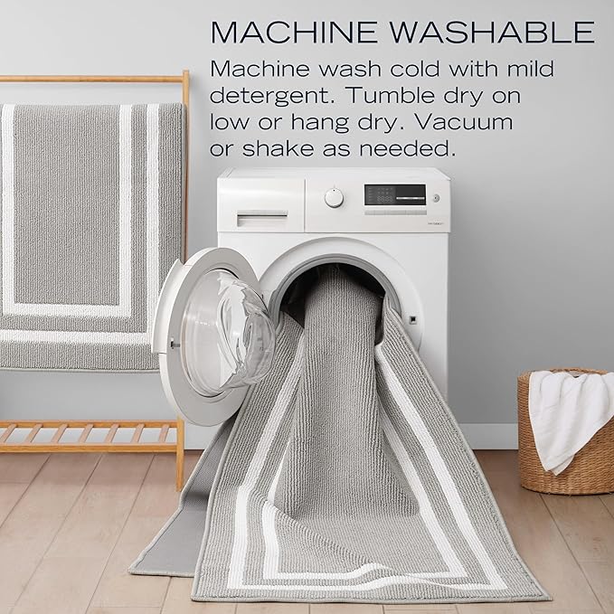 Nautica – Runner Rug | Indoor Runners for Hallways and Entry Rugs| Non-Slip and Non-Skid Entry and Kitchen Door Mat| Machine Washable Entryway Carpet Rugs | 2'6" x 10' | Double Border Light Grey