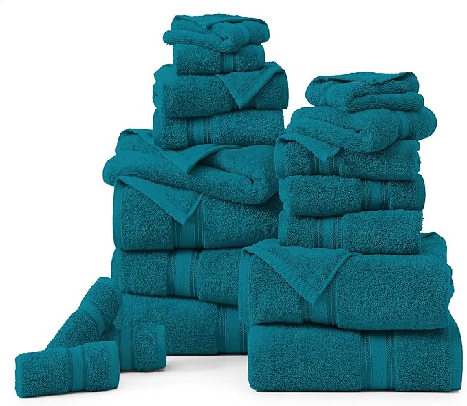 LANE LINEN 18Pc 100% Cotton Bath Towels – 6 Bath, 6 Hand Towel & 6 Washcloths, Zero Twist, Absorbent Softness for Daily Use, Perfect for Airbnb, Spa & Hotel, Machine Washable – Sea Port