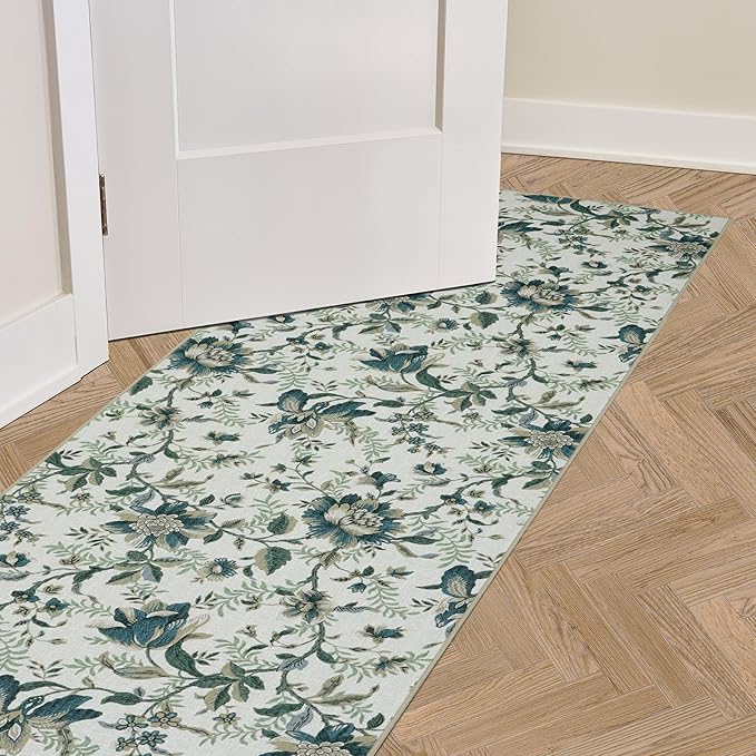 Laura Ashley Beige Edita's Garden Floral Machine Washable & Slip Resistant 26" x 72" Runner Rug