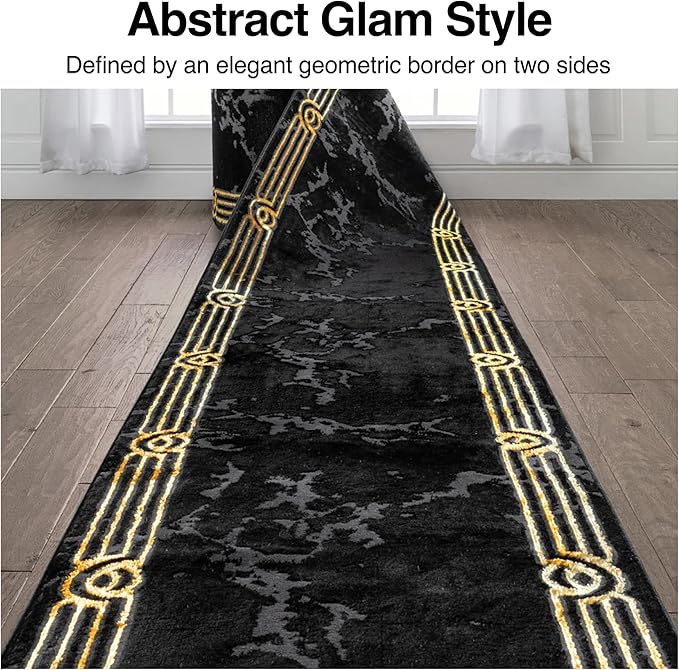 Well Woven Custom Size Hallway Stair Runner - Made-to-Measure - Fairmont Collection Lezlee Black Gold Abstract Marble Border 3x25 (2'7" x 25' Runner)
