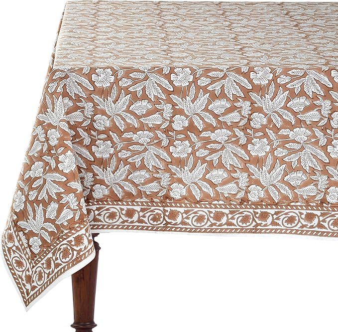 Ridhi Oak Brown Hand Block Print Cotton Rectangle Tablecloth 108" x 60" inches Reusable Table Cover Decorative Everyday Use for Dining, Farmhouse, Home, Party, Festive, Wedding, Fall