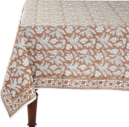 Ridhi Oak Brown Hand Block Print Cotton Rectangle Tablecloth 60" x 60" inches Reusable Table Cover Decorative Everyday Use for Dining, Farmhouse, Home, Party, Festive, Wedding, Fall