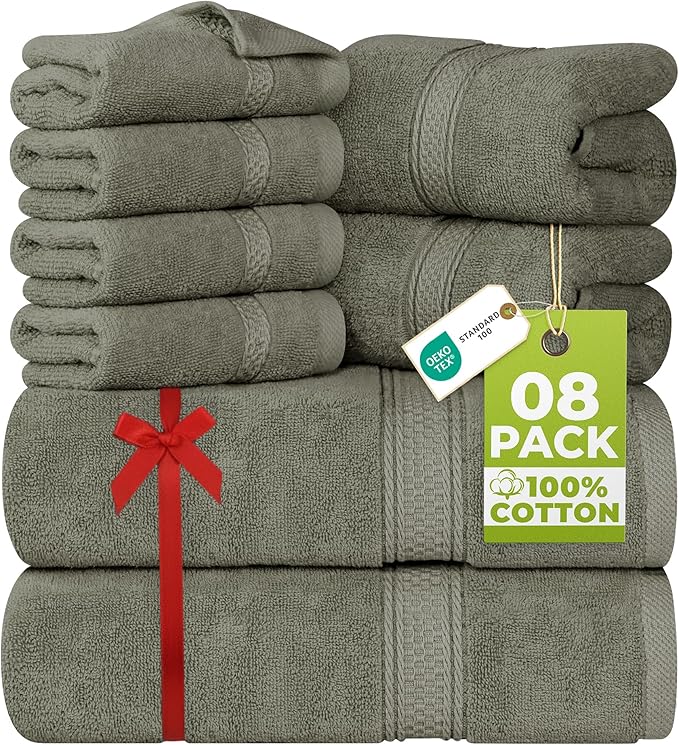 Utopia Towels 8 Piece Luxury Towel Set – Majestic Plush, Super Absorbent & Quicker-to-Dry, Thick 100% Ring Spun Cotton Towels for Bathroom, Spa & Hotel – 2 Bath, 2 Hand, 4 Washcloths, Dusty Olive