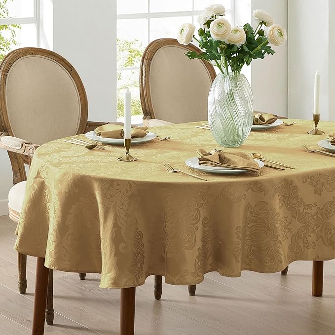 Newbridge Christmas Barcelona Damask Fabric Tablecloth, 60 x 84 Inch Oval, Gold – No Iron, Soil Resistant Table Cover for Dining, Parties and Holidays