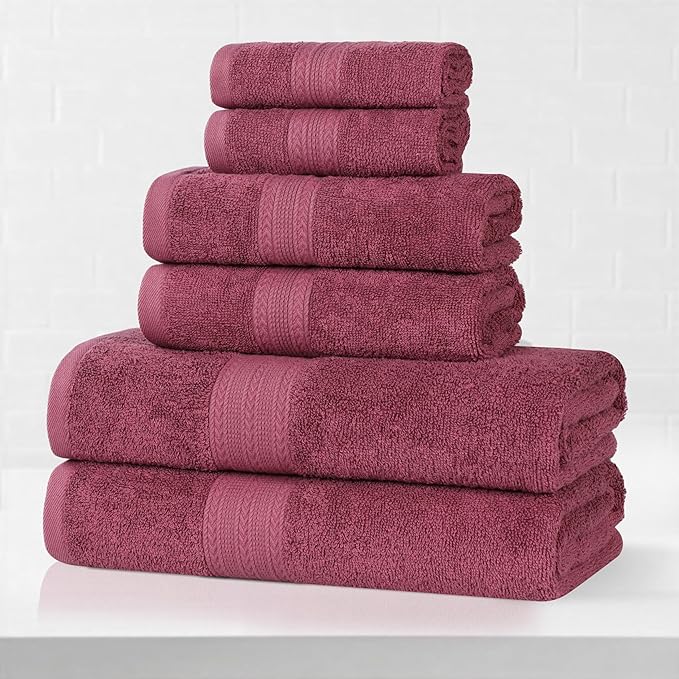 Superior Eco-Friendly Cotton 6-Piece Towel Set, Bathroom, Shower, Spa, Large and Small Assorted Towels for Home, Apartment, Dorm, 2 Bath, 2 Hand, 2 Face/Washcloth, Soft, Highly Absorbent, Rosewood