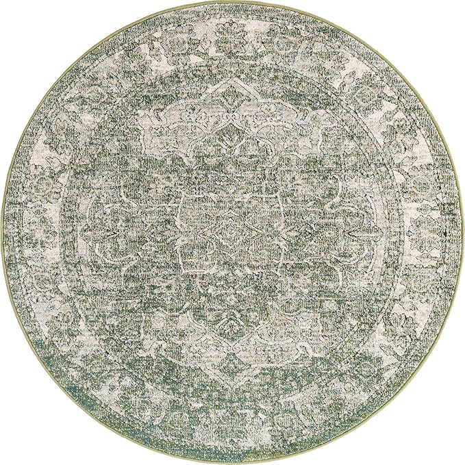 Unique Loom Isabella Collection Area Rug - Adjani (5' 1" Round, Green/ Ivory)