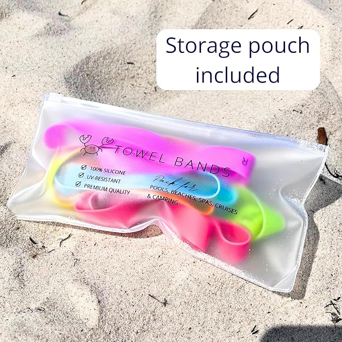 Towel Bands (6-Pack), Beach Pool & Cruise Chairs, Extra Durable, No Snapping, Cruise Ship & Beach Essentials, Great Alternative to Beach Towel Clips (3 Regular + 3 Glow in The Dark