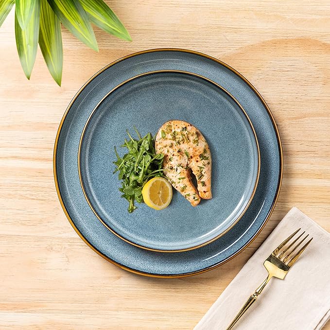 GBHOME Ceramic Dinnerware Sets for 8, 24 Pieces Stoneware Plates and Bowls Sets, Scratch Resistant Dishes, Dishwasher & Microwave Safe, Reactive Glaze-Space Blue