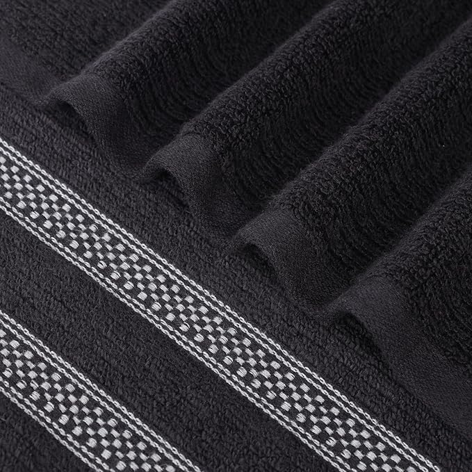 Superior Cotton Bath Towel Set, Zero Twist, Ribbed Geometric,Large Plush Absorbent Body Towels, Luxury Soft Quick Dry, Shower, Spa, Hotel, Pool, Guest Bathroom, Home Essentials, Set of 3, Black