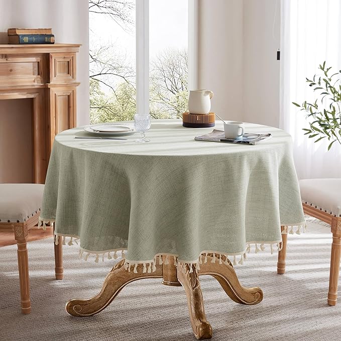 Linen Tablecloth with Tassels, Farmhouse Style Green Tablecloth, Water Resistant Burlap Tablecloths for Round Table, 60 Inch Round Green