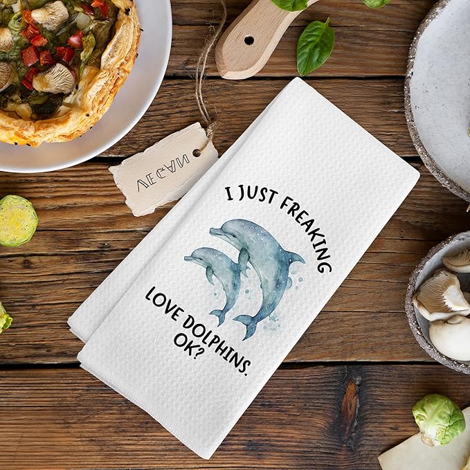 Funny Coastal Dolphin Hand Towels Gifts, Beachy Ocean Dolphin Bathroom Decor, Nautical I Just Freaking Love Dolphins Decor Dish Kitchen Hand Tea Towels for Bathroom Kitchen, 16x24 Inches