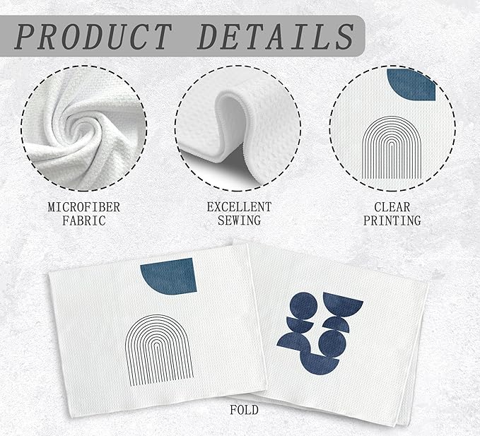 Boho Navy Blue Line Kitchen Towels and Dishcloths Set of 2, Boho Dish Towels, Bohemian Decorative Boho Blue Hand Towels for Bathroom Kitchen, 16×24 Inches