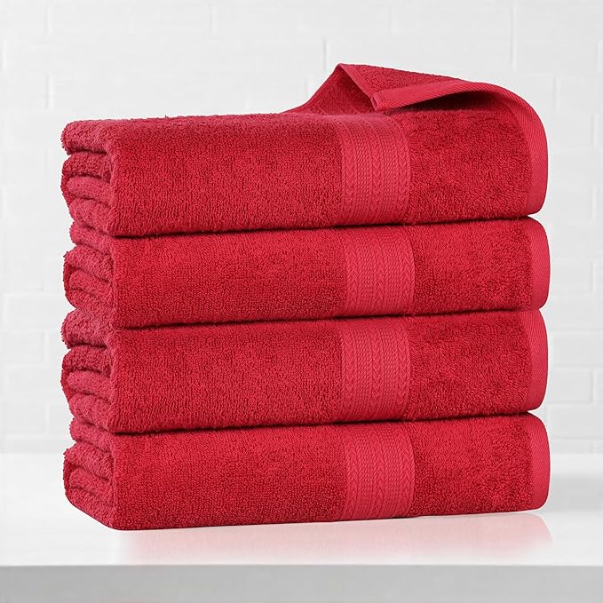 Superior Eco-Friendly Cotton 4-Piece Bath Towel Set, Large Towels for Bath, Shower, Pool, Master and Guest Bathroom, Home Essentials, Quick Drying, Soft Body Towels for Adults and Kids, Cranberry
