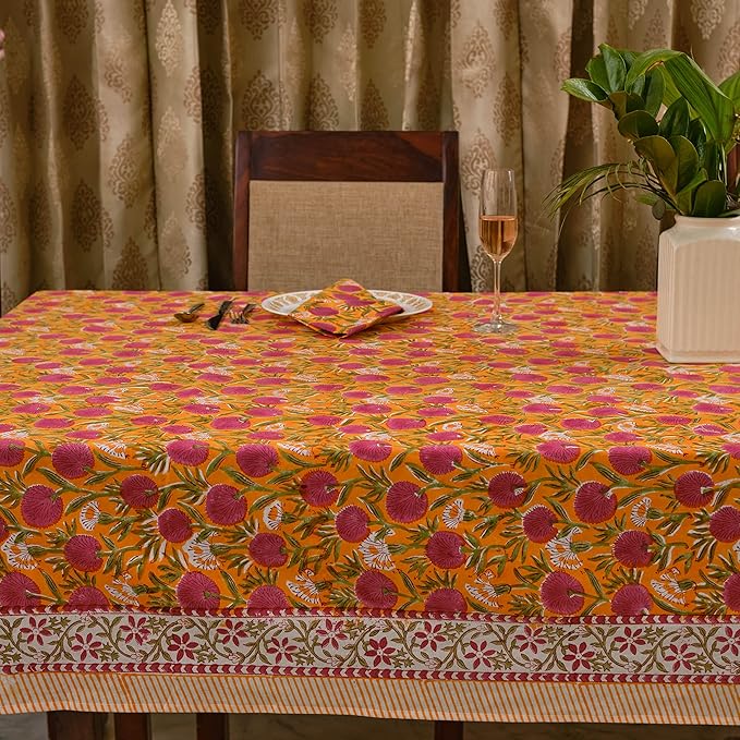 Ridhi Bubblegum Pink Hand Block Print Cotton Rectangle Tablecloth 108" x 70" inches Reusable Table Cover Decorative Everyday Use for Dining, Farmhouse, Home, Party, Festive, Wedding, Fall
