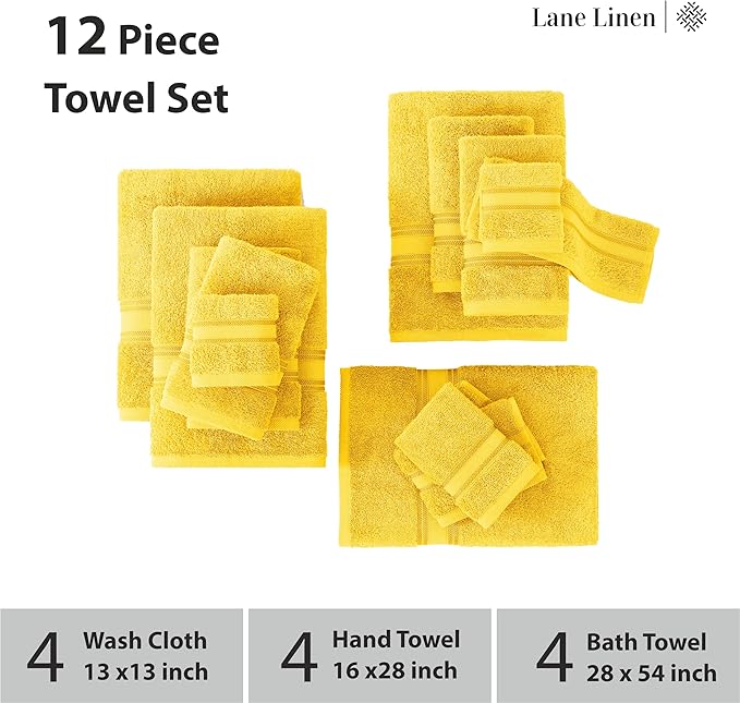 LANE LINEN 12 Pack Towels for Bathroom – 100% Mercerized Cotton, 4 Bath, 4 Hand & 4 Wash Cloth, Zero Twist Soft Towels, Oeko Tex Certified Hotel Quality Towel, Easy to Wash – Mimosa