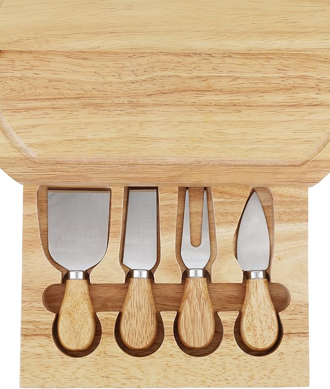 Cheese Board Set by StarBlue - with 4 Knives and Slide Out Drawer | Large Oak Wooden Cheese and Platter Cutting Serving Plate Tray | Best for Housewarming and Birthday Gift