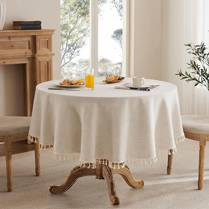 Linen Tablecloth with Tassels, Farmhouse Style Light Beige Tablecloth, Water Resistant Burlap Tablecloths for Round Table, 52 Inch Round Light Tan