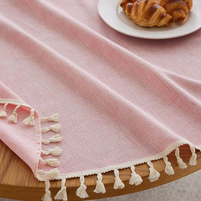 Linen Tablecloth with Tassels, Farmhouse Style Pink Tablecloth, Water Resistant Burlap Tablecloths for Round Table, 60 Inch Round Pink