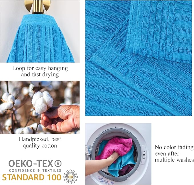 Cotton 8-Piece Solid and Ribbed Towel Set, Face Towels 13” x 13”, Hand Towels 16” x 28”, Bath Towels 27” x 54”, Azure by Superior