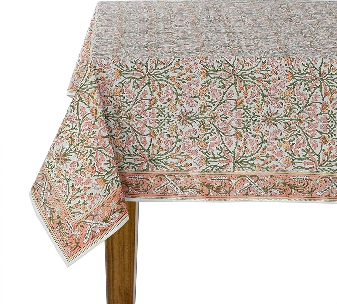 Ridhi Sassy Salmon and Emerald Green Hand Block Print Cotton Cloth Dinning Table Cover Wedding Farmhouse Thanksgiving Christmas Spring Fall Tablecloth 4 Seater 60x60 Inches Square