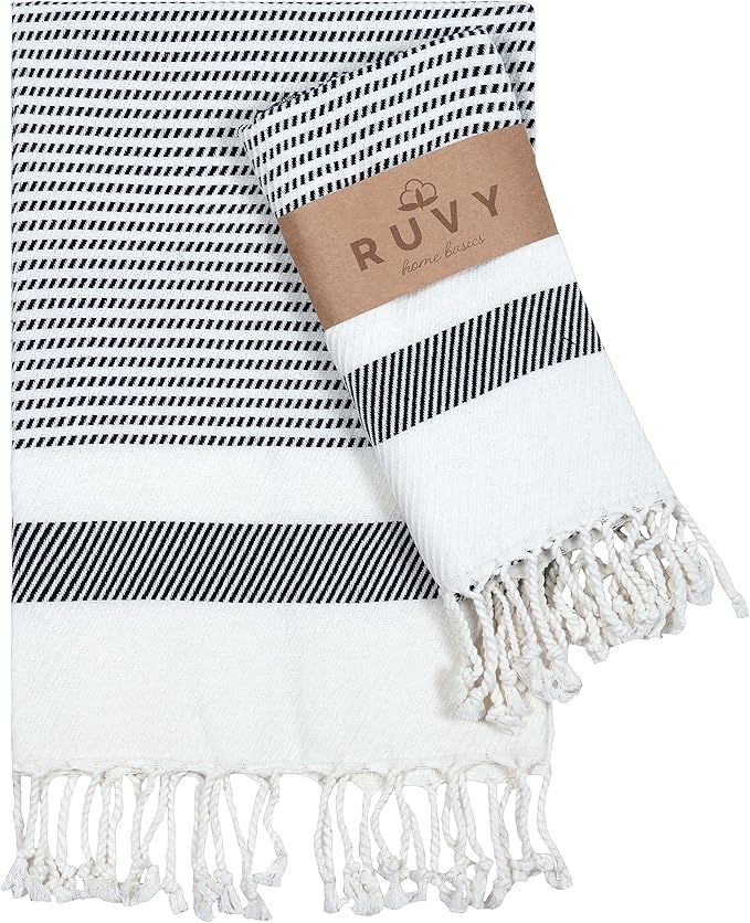 Ruvy Home Basics Turkish Hand Towels for Bathroom Set of 2 | 18"x40", Cotton | Decorative Towel for Bathroom, Kitchen, Dishcloth, Tea, Yoga, Face, Gym - Black