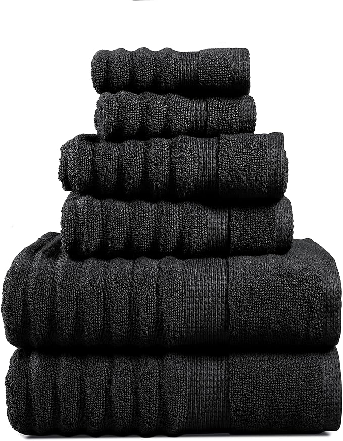 LANE LINEN 6-Piece Bath Towel Set – 100% Cotton, Quick Dry, Zero Twist, Ribbed, Luxury Towels, Includes 2 Large Bath Towels, 2 Hand Towels, 2 Washcloths, Premium Everyday Use - Black