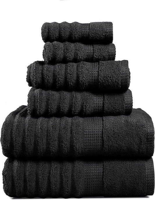 LANE LINEN 6-Piece Bath Towel Set – 100% Cotton, Quick Dry, Zero Twist, Ribbed, Luxury Towels, Includes 2 Large Bath Towels, 2 Hand Towels, 2 Washcloths, Premium Everyday Use - Black