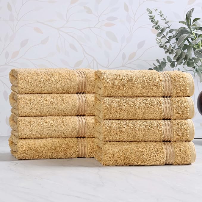 Superior Egyptian Cotton 8-Piece Hand Towel Set, Towel Basics for Quick Dry, Absorbent Small Towels, Facial, Spa, Kitchen, Bathroom Essentials, Apartment, Guest Bath, Soft, Washcloth, Gold