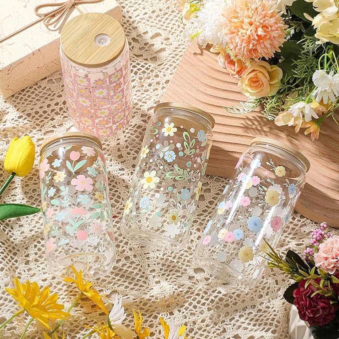 Mumufy Gift for Women Cute Glass Cup Tumbler Flower Iced Coffee Mugs 16 oz Glass with Bamboo Lid & Straw, Mothers Day Birthday Gift for Mom Sister Bridesmaid Baby Shower(4 Pack, Pastel Flower)