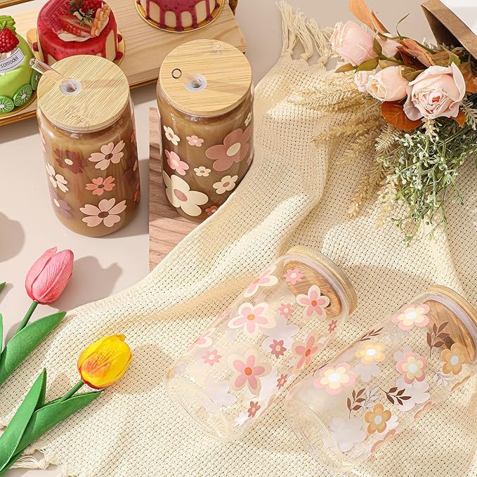 Mumufy Gift for Women Cute Glass Cup Tumbler Flower Iced Coffee Mugs 16 oz Glass with Bamboo Lid & Straw, Mothers Day Birthday Gift for Mom Sister Bridesmaid Baby Shower(4 Pack,Cute Boho)