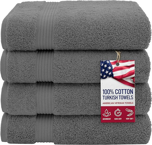 American Veteran Towel, 100% Cotton Turkish Bath Towels for Bathroom 4 Pack, 27x54 Extra Large Premium Soft Drying Bathroom Towels, Dark Gray