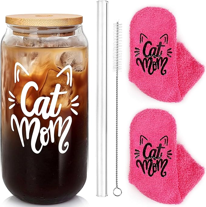 Mason Life Gift for Women, Birthday Gift for Cat Lover, Glass Cup and Sock for Kitty Mom, Cat Mom Gifts for Women, Kitty Themed Gifts, 18oz Drinking Glasses with Bamboo Lid and Glass Straw