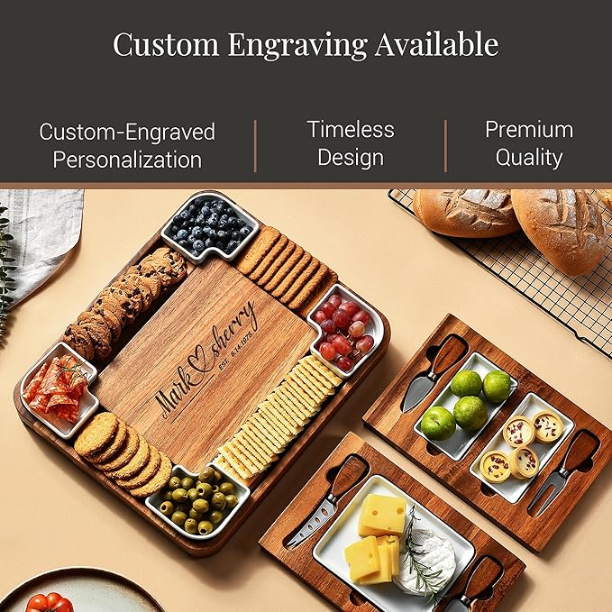Shanik Upgraded Acacia Cheese Board Set, Square Shaped Charcuterie Set, Cheese Platter, Handcrafted Design and Stainless Steel Cutlery Set - Gift for Any Occasion with Engraving